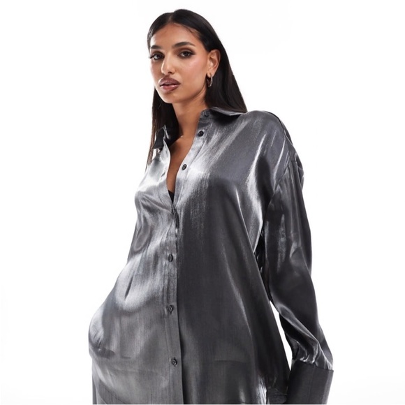 RACHEL Rachel Roy Tops - Rachel Roy Shirt Silver Metallic Button-Down Long Sleeves Shirt M Gray
